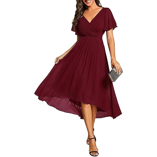 Ever-Pretty Women's Summer Chiffon Pleated V-Neck Short Cocktail Dresses Semi Formal Wedding Guest Dress 01923