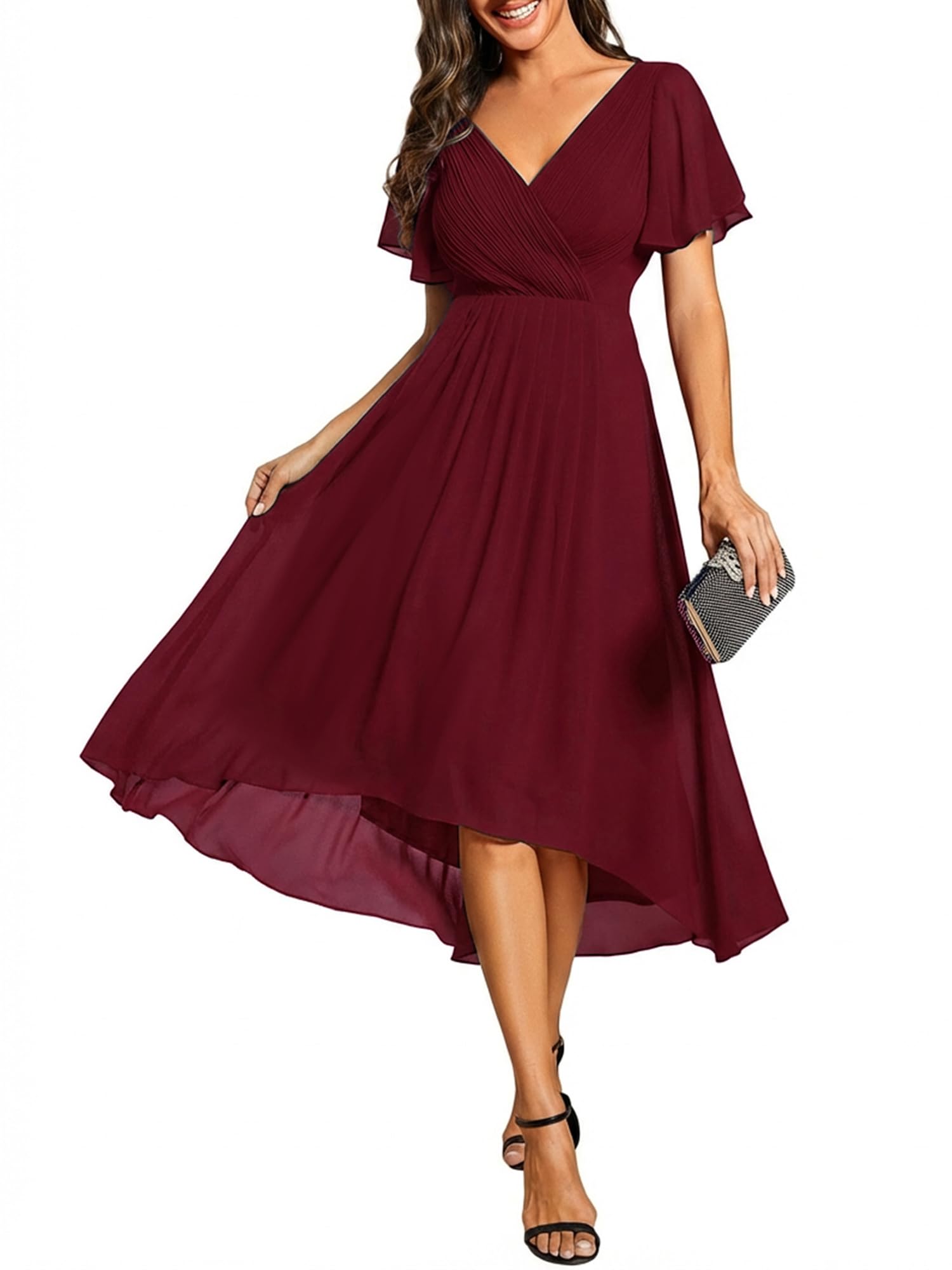 Ever-Pretty Women's Summer Chiffon Formal Wedding Guest Dresses Pleated V-Neck Short Sleeves Cocktail Dress 01923