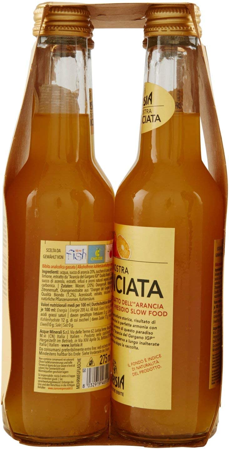 Lurisia Aranciata - 24 botellas de vidrio de 275 ml para bebidas no alcohólicas, hechas con zumo de naranja italiano y extracto de naranja de Puglia, sabor dulce