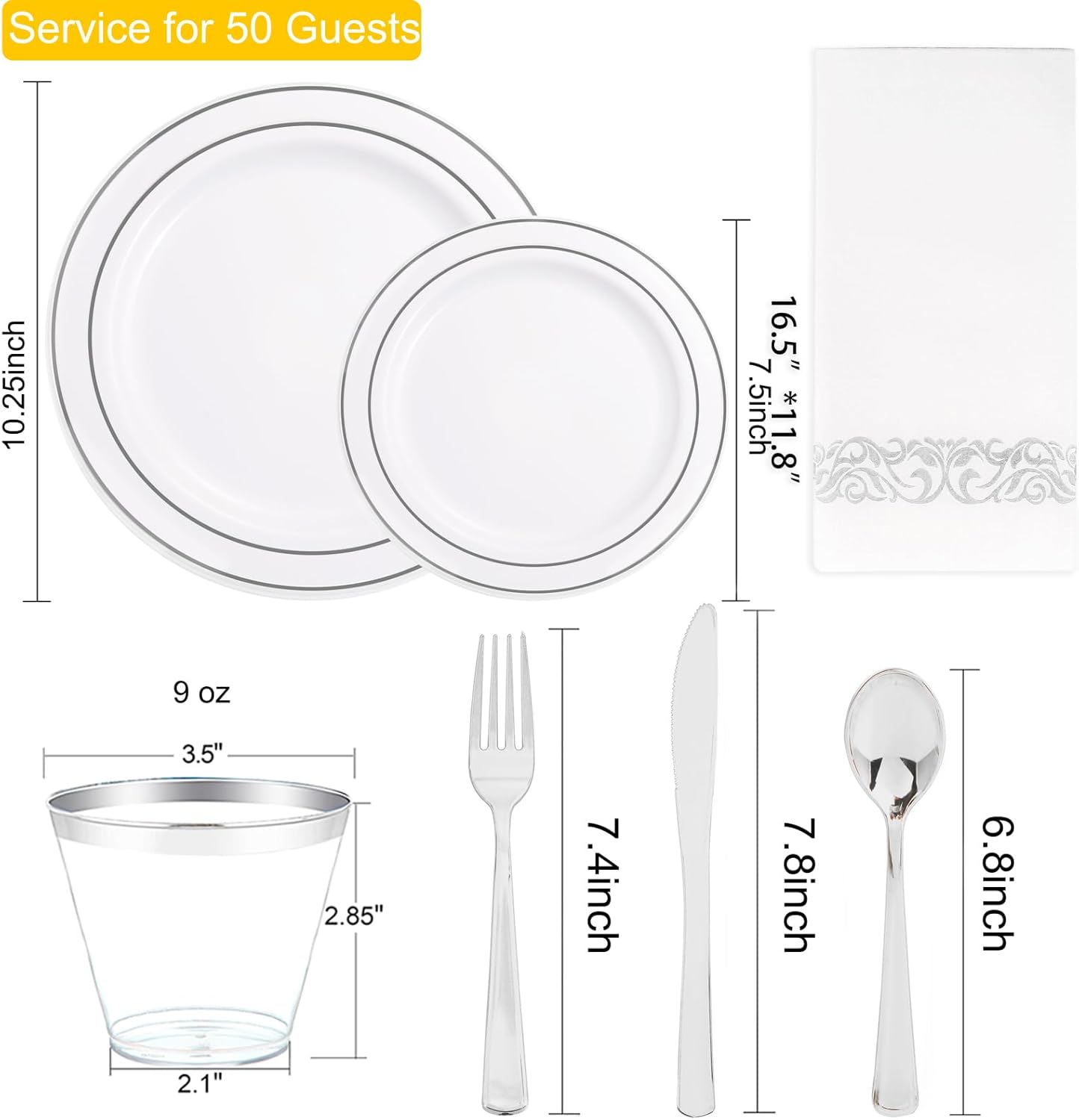 I00000 350Pcs Silver Plastic Dinnerware Set, Plastic Plates Disposable for 50 Guests Include: 100 Silver Rim Plates, 50 Paper Napkins, 50 Cups, 50 Plastic Silverware Set Perfect for Party & Wedding