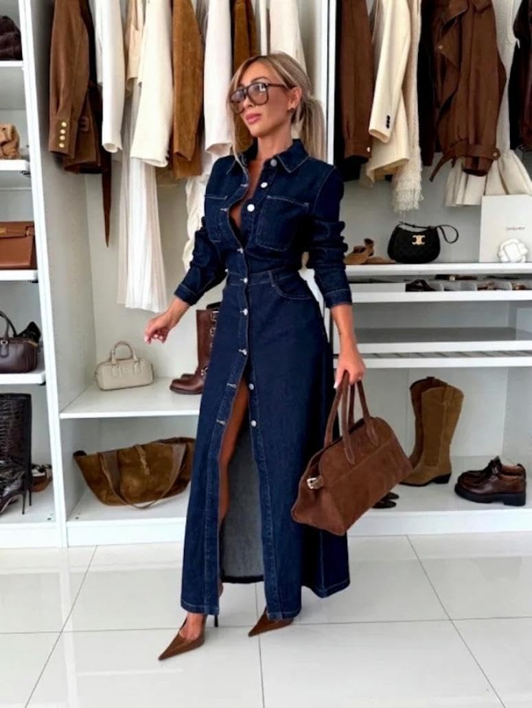 yoeasy Womens Button Down Denim Dress Fall Trendy Long Sleeve Bodycon Denim Maxi Dress Casual A Line Jean Dress - Image 4