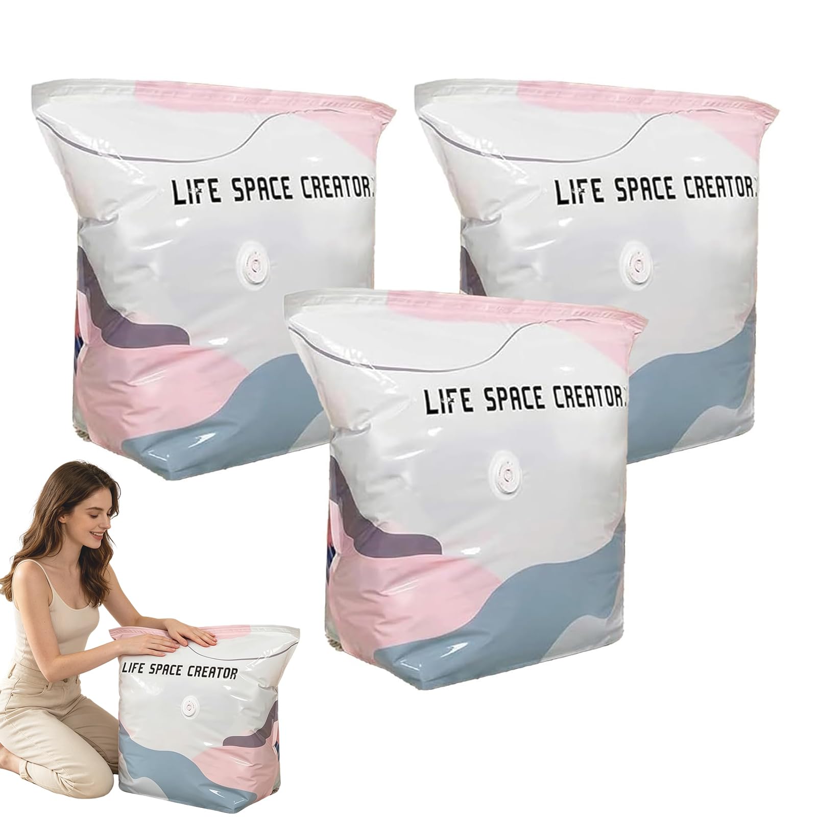 Multi-Pack No-Pump 3D Vacuum Storage Bags, PA+PE Tear Resistance Material, Reduce 80% Volume, One-Touch Quick Air Release, Reusable, Extra-Large Capacity, for Clothes, Bedding & Travel (M*3)