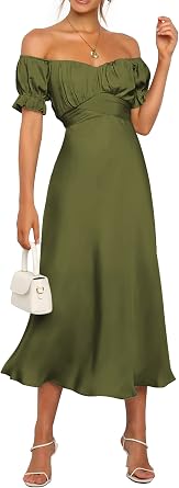 KIRUNDO Women's Satin Summer Wedding Guest Cocktail Dress | 2026 Spring Fall Party Midi Dress, Silky, Elegant Off Shoulder Short Sleeve, Ruffle Mermaid Hem, Wrap Prom Formal Outfits