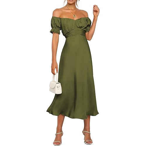 KIRUNDO Women's 2024 Summer Satin Midi Dress Off Shoulder Wrap Ruched Wedding Guest Party Cocktail Formal Prom Dresses