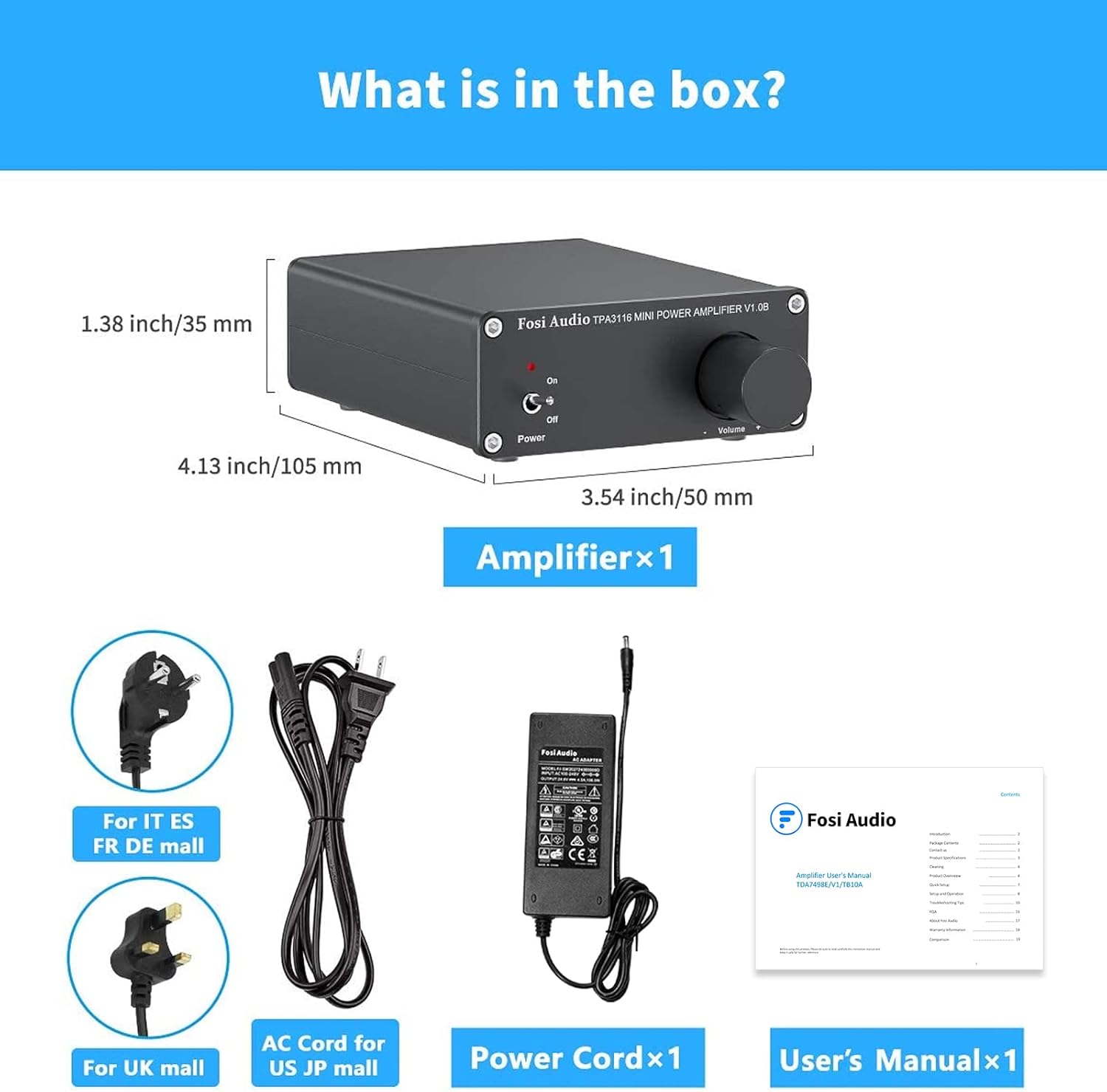 Fosi Audio V1.0B 2 Channel Amplifier Stereo Audio Amp Mini Hi-Fi Class D Integrated TPA3116 Amp for Home Speakers 50W x 2 with 19V 4.74A Power Supply : Electronics