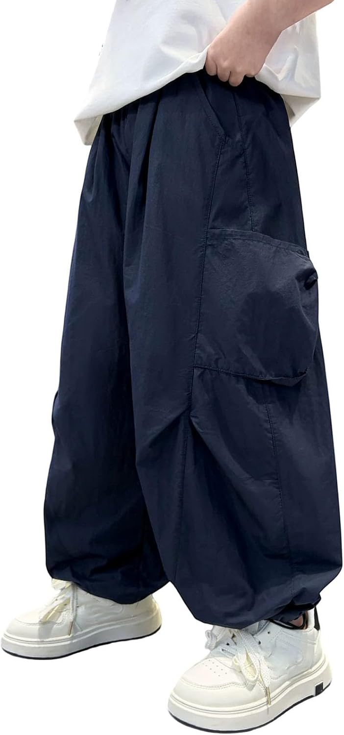Boys Baggy Cargo Pants Wide Leg Elastic Waist Casual Parachute Pants Quick Dry Waterproof Hiking Sweatpants Trendy