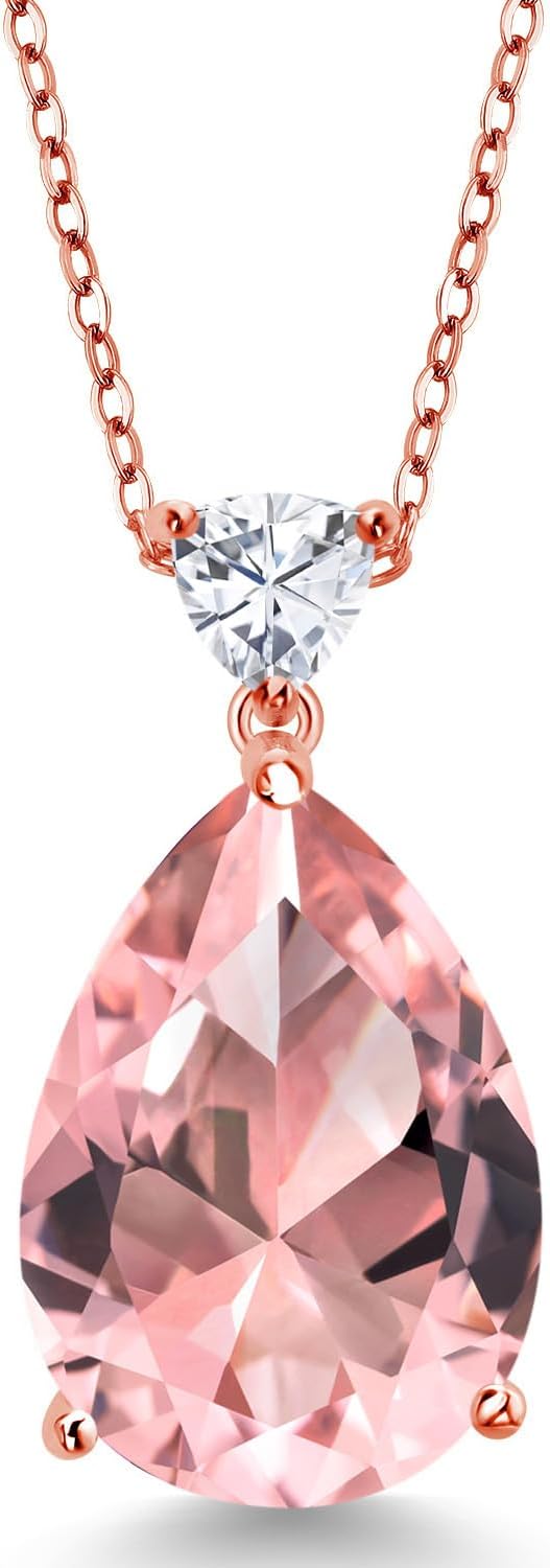 Gem Stone King 18K Rose Gold Plated Silver Gemstone Birthstone and White Moissanite Teardrop Pendant Necklace for Women | 18X13MM Pear Shape and 5MM Trillion Accent | 18-Inch Cable Chain
