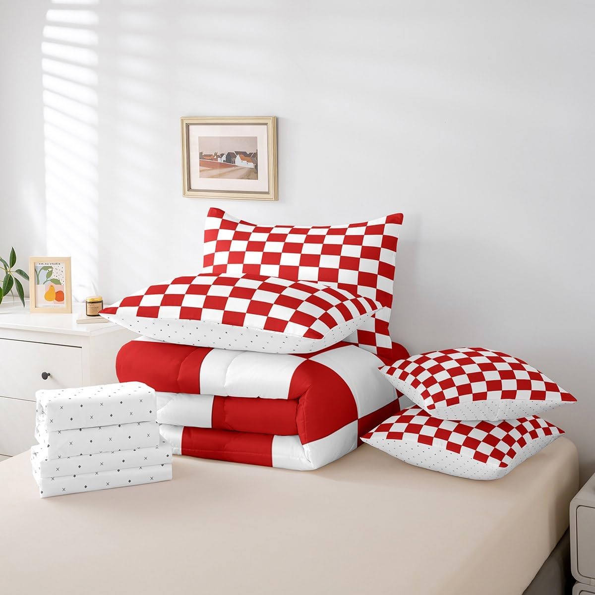 Feelyou Checkered Retro 7 Piece Bedding Set Teen Women Men Red White Plaid Comforter Set with Sheets Twin Size Kids Boys Girls Geometric Vintage Bed in a Bag Modern Simple Groovy Aesthetic Room Decor