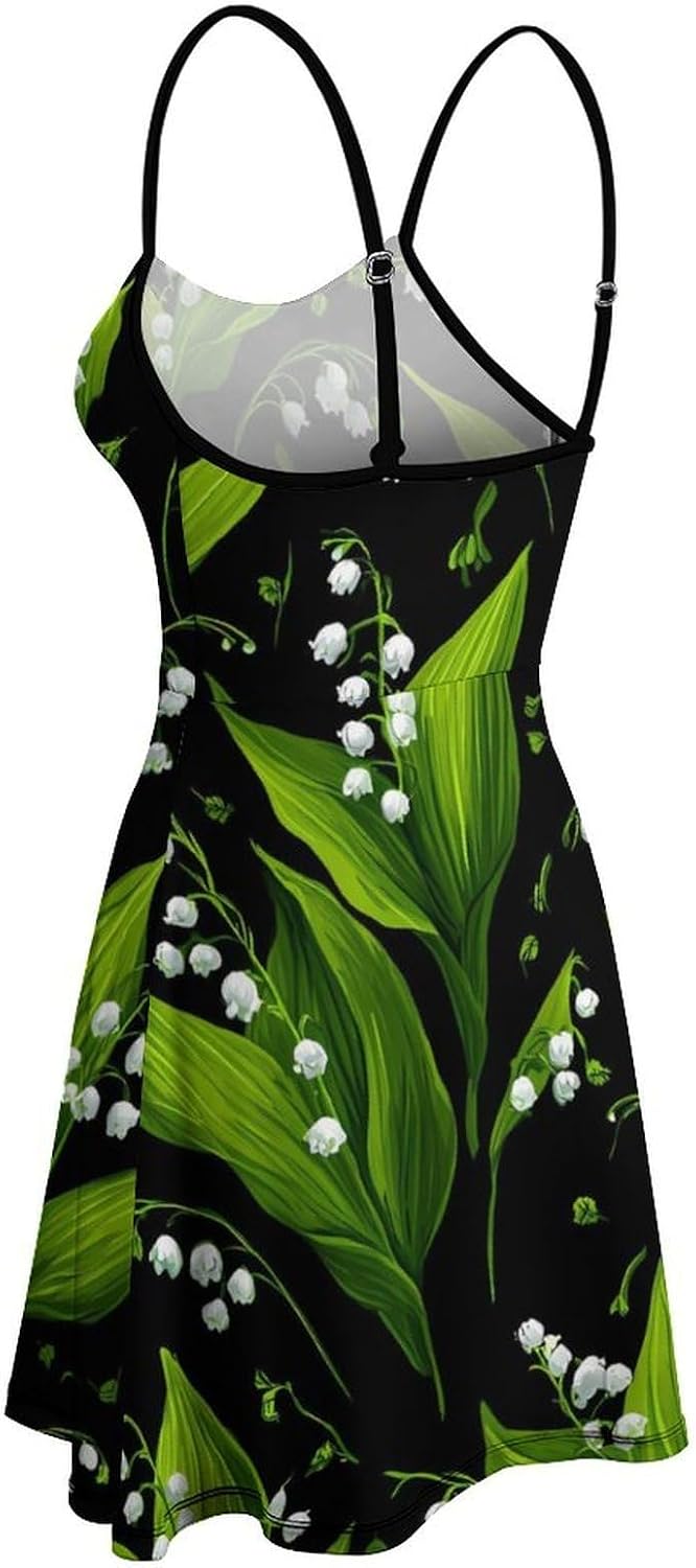 Lily of The Valley Pattern Short Cami Dress for Women Adjustable Spaghetti Strap Flowy Sundress Beach Vacation