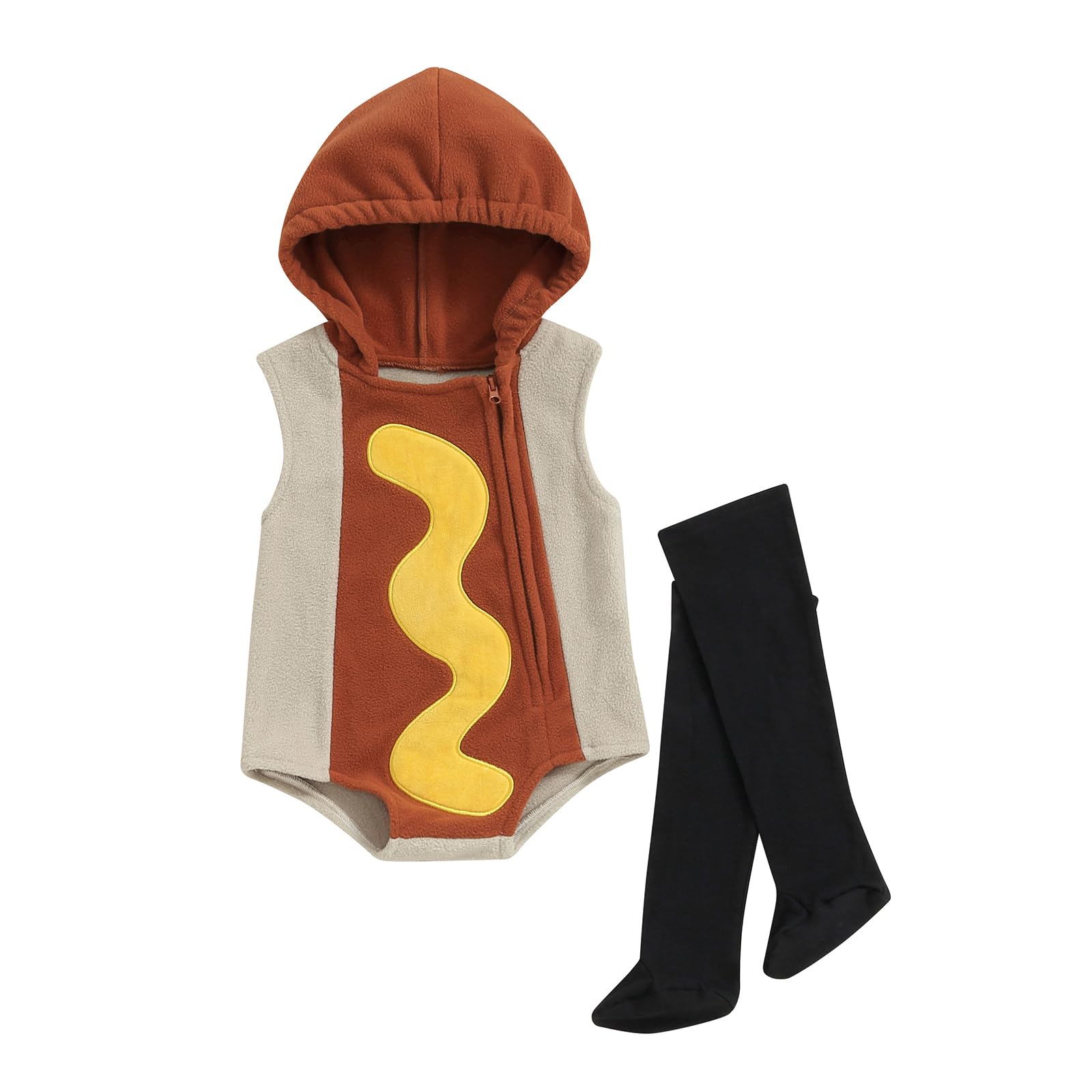 Niceyoeuk Baby Hot Dog Costume Romper Sleeveless Hood Romper Zipper Jumpsuit with Long Socks Halloween Cosplay Set (Brown, 6-12 Months)