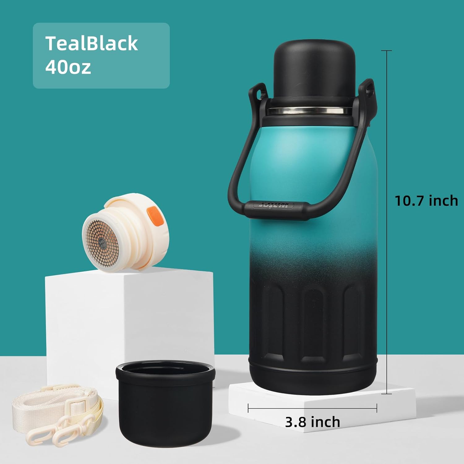 Insulated Water Bottle with Handle and Strap,Vacuum Travel Tumbler with Cup Lid,Thermo Coffee Cup for Hot Cold Drinks 40 OZ,TealBlack - Image 2