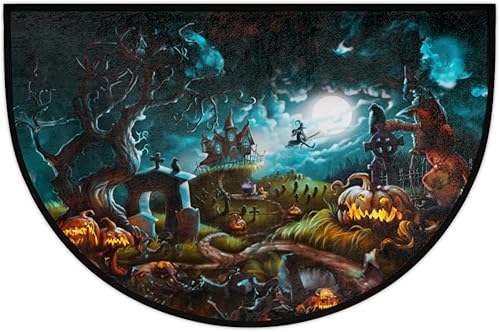 Miniatura 5 de Tapete de puerta semicircular turquesa de Halloween, tapete semicircular de terror de Halloween, lavable, decoración duradera, alfombras de media