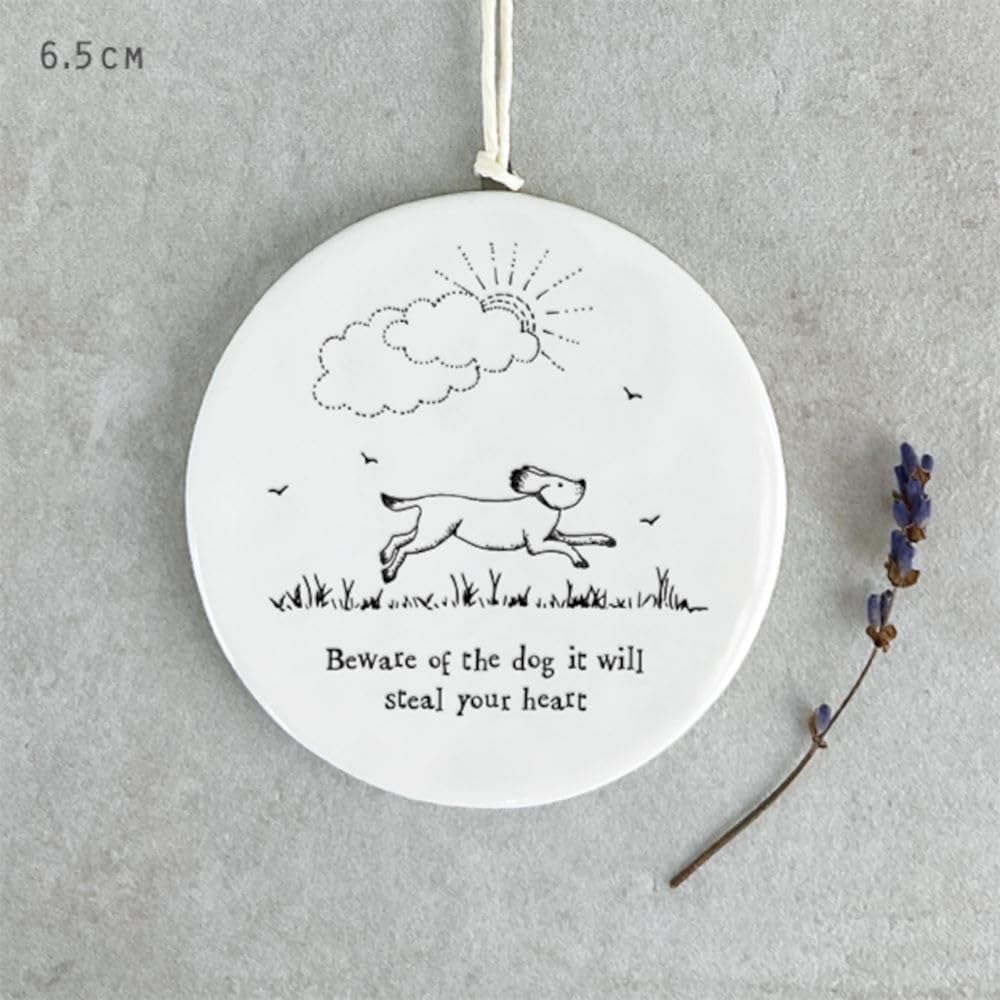 East of India White Ceramic Round ""Beware of the dog"" Hang Dec sign 6.5cm
