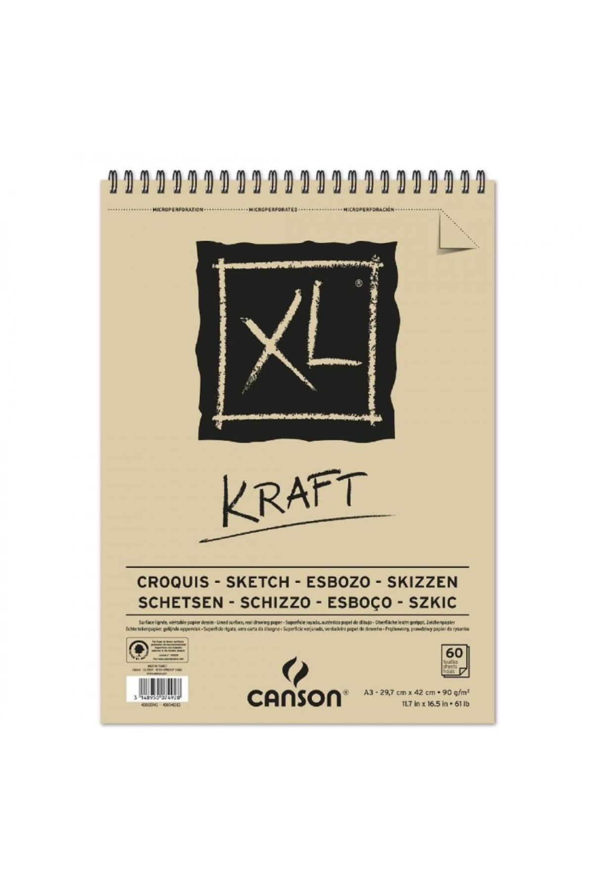 Canson Set di 4 blocchi 60 fogli Schizzi XL Kraft spiralé piccolo lato A3 90 g