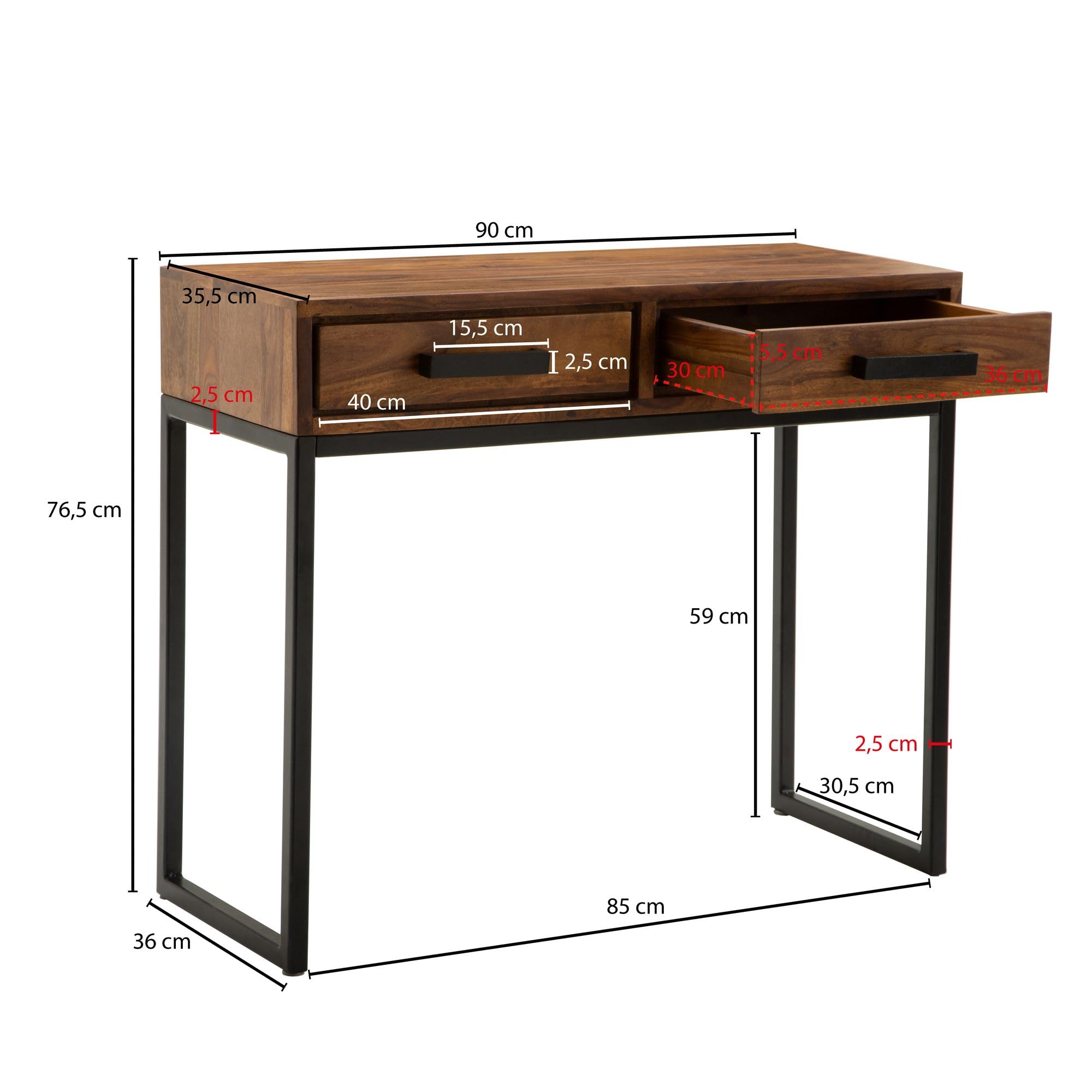 Table Console Sheesham Bois Massif 90x76.5x35.5cm - Design Moderne Avec Pieds Métal - Bureau Ou Couloir