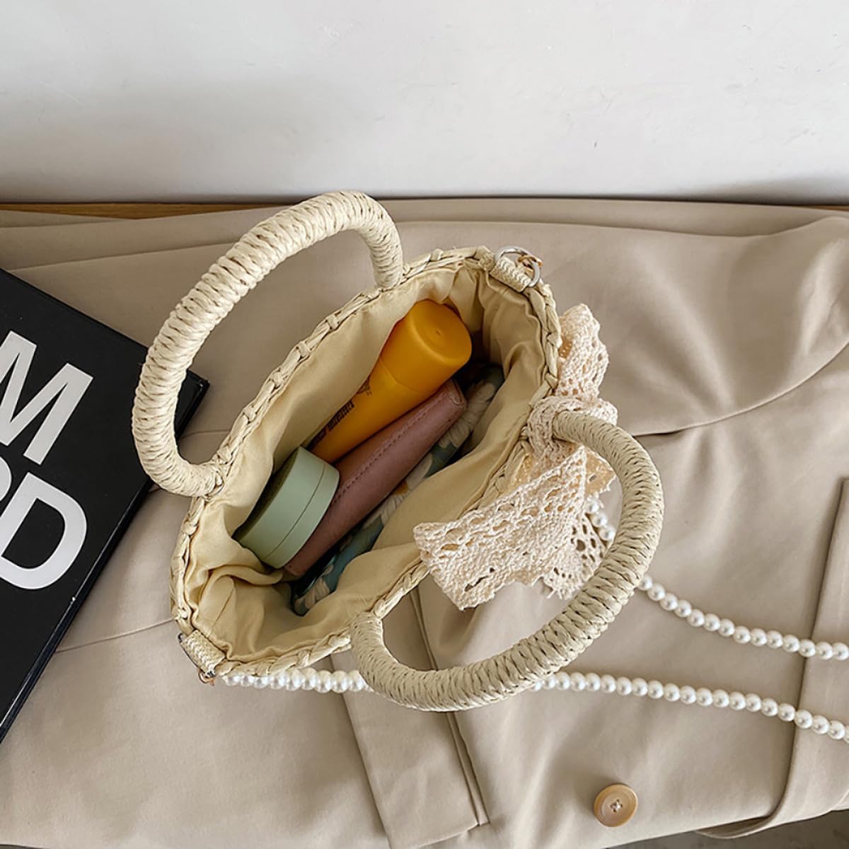 Abaodam Borsa Tracolla Donna in Paglia Beige con Decorazioni a Sfera, Borsa da Spiaggia per Party e Shopping, Funzionale per Storage e Design Raffinato