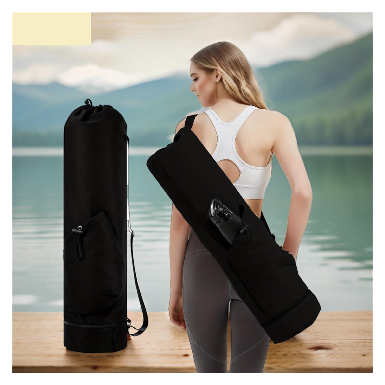 Funda Esterilla Yoga Bolsa for Esterilla de Yoga de Gran Apertura, Larga, con Bolsillo Impermeable y Bolsillo for Botella de Agua con cordón y Correa Ajustable.