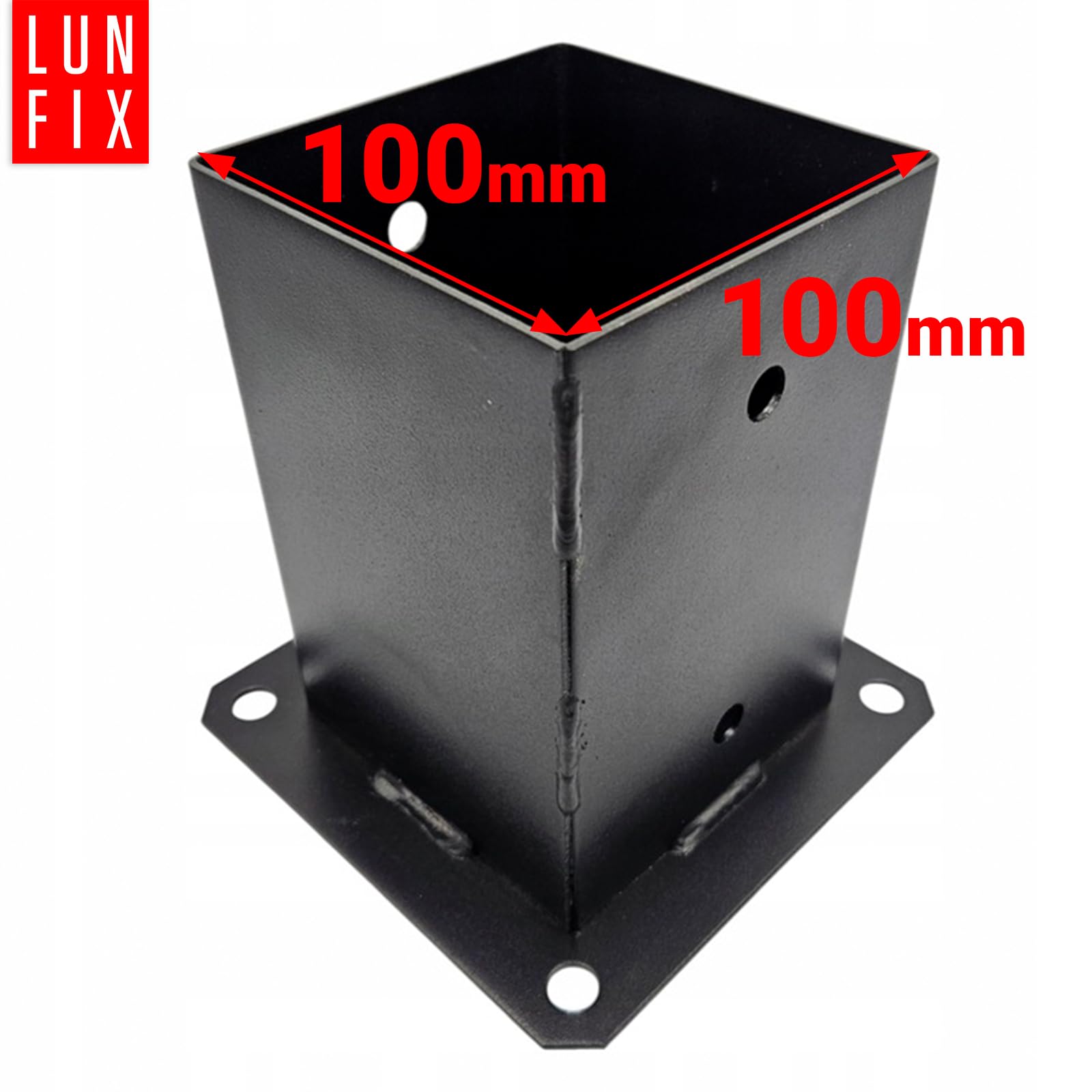 Pfostenträger 100x100 mm – Aufschraubhülse für Holzpfosten, Bodenhülse, Pfostenschuh, Balkenschuhe, schwarz, pulverbeschichtet – stabile Befestigung für Zaunpfosten, Lun Fix