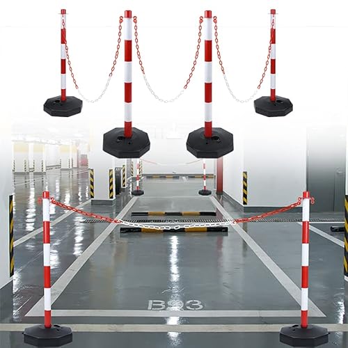 YUENFONG Absperrpfosten 4 Stück Kettenpfosten aus PE-Kunststoff, mit 140cm Absperrkette, Kettenständer Sperrpfosten mit Standfuß, 82x28x28 cm, Rot und Weiß