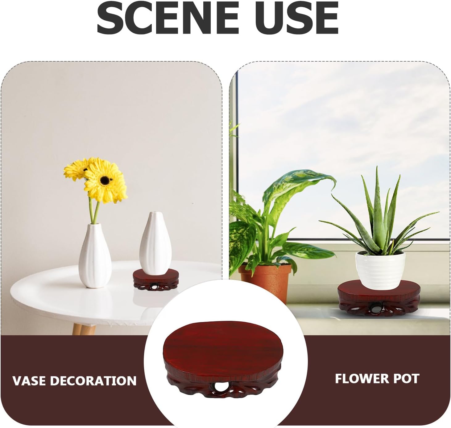 Wooden Display Base for Vase and Teapot, Oval Craft Stand 15x11x4.3cm, Solid Wood Pedestal for Flower Pot and Chinese Ornament Display