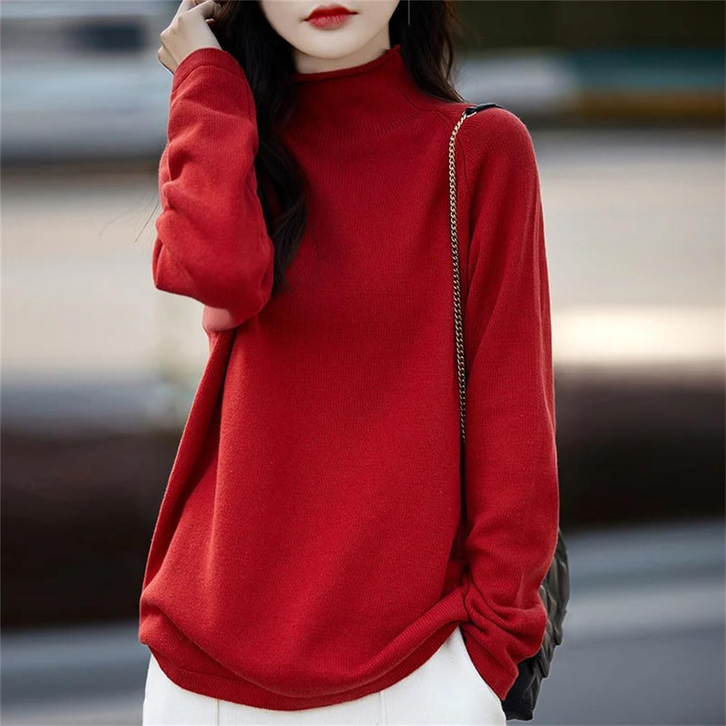 Women's Cotton Sweater Long Sleeve Turtleneck Curl Up Pullover Jumper Winter Knit Comfortable Sweatshirt