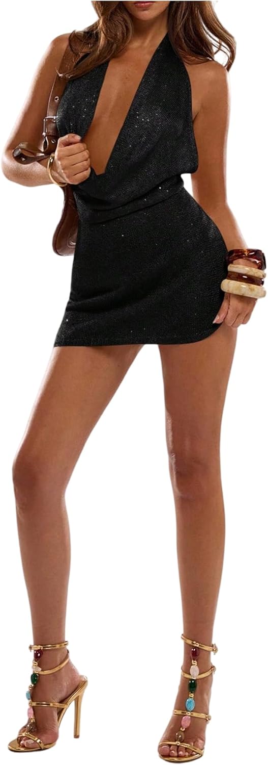 Floerns Women's Y2k Going Out Backless Sexy Halter Dress Draped Cowl Neck Sparkly Sequin Party Bodycon Mini Dresses - Image 4