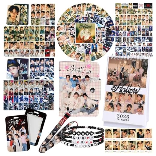 Stray Kids Gifts Set, Including 110PCS HOLLOW Album Photocards, Stray Kids Desktop Calendar 2026, 241PCS Stickers, 1 Card Bag, 4 Design Bracelet,, 1 Lanyards and 1 Card Holder KPOP Fans Merchandise