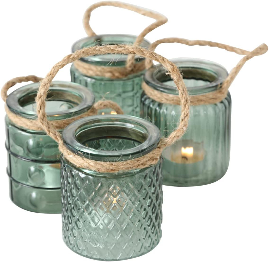 Beach Chic Nautical Rope Wrapped Hurricanes, Set of 4, Pale Green Glass Candle Holders, 3.5 Inches Tall