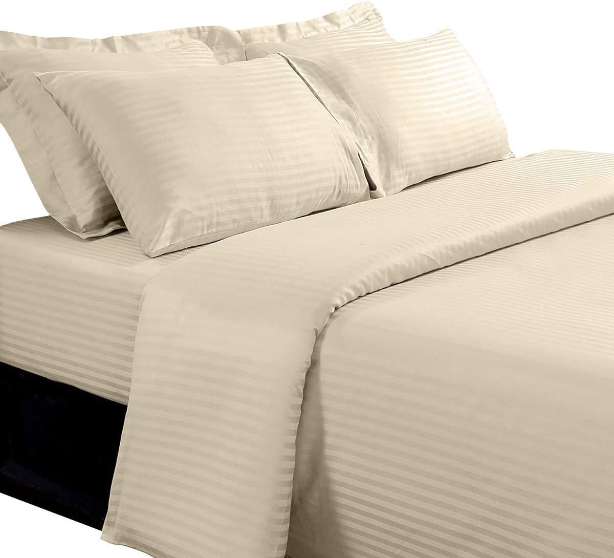 sheetsnthings Damask Stripes Goose Down Comforter with 600TC, 100-Percent Cotton, 8PC Queen Size Bedding (Bed Sheets and Duvet Cover Set) Taupe