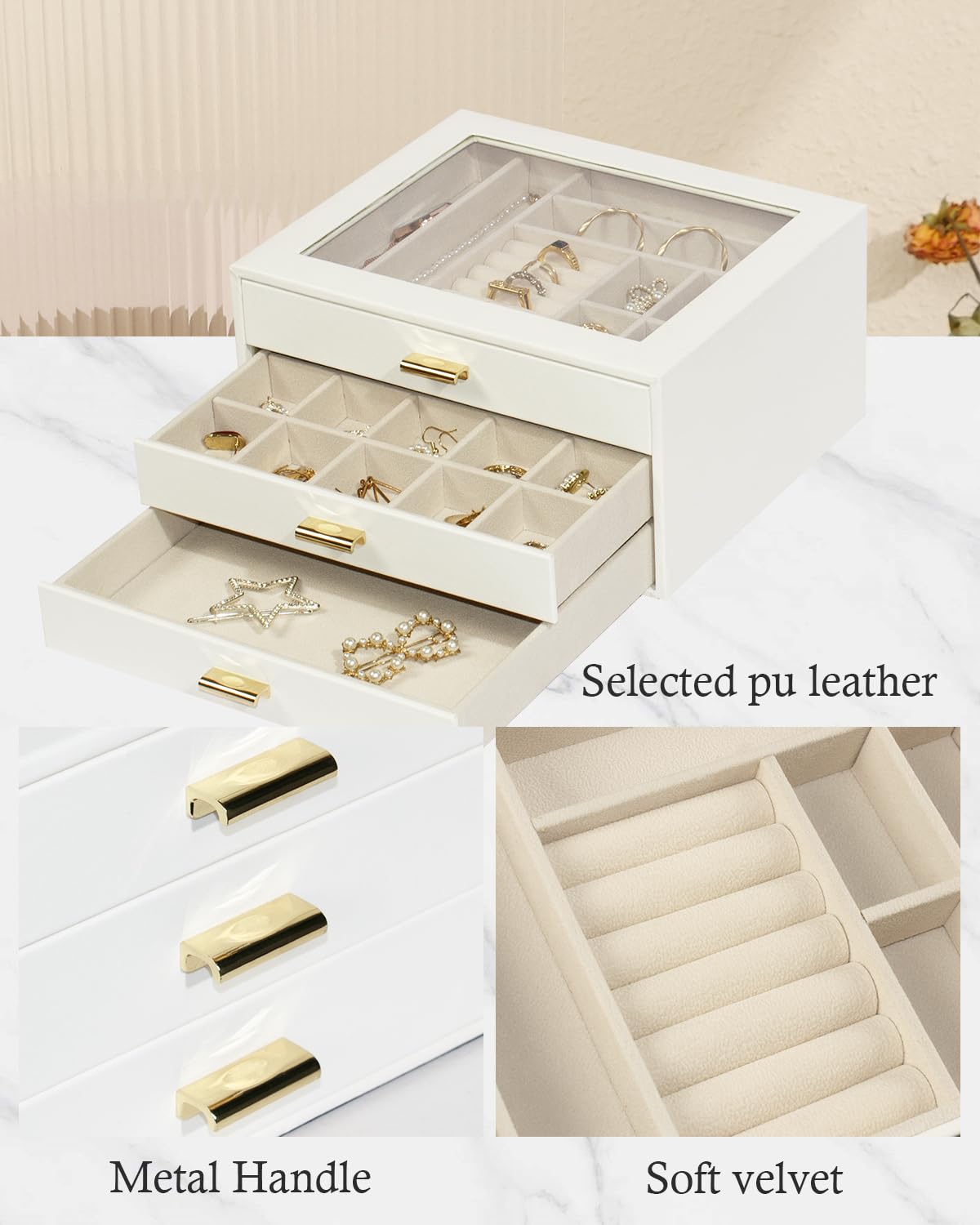 Joyero con tapa de cristal, joyero con 3 niveles, para pendientes, pulseras, collares, 3 cajones, color blanco nube
