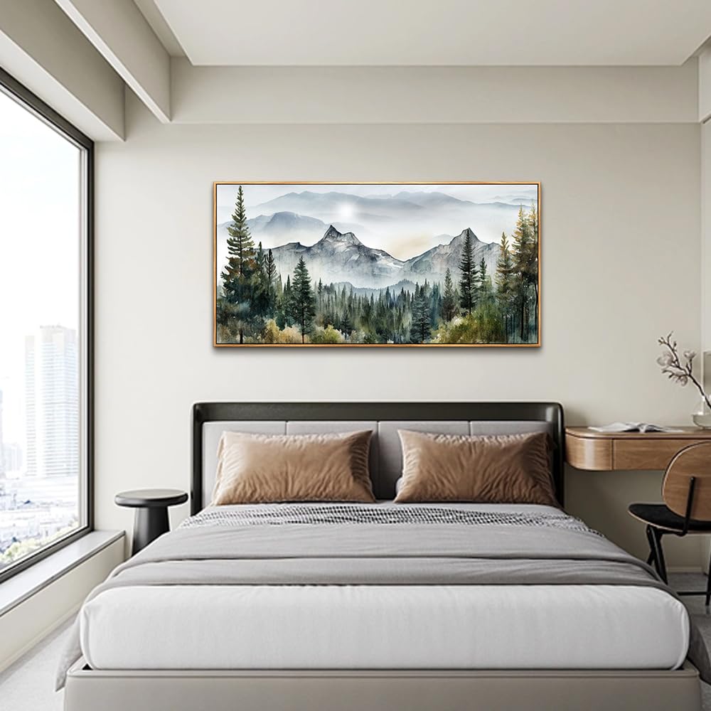Arte de pared grande para sala de estar, lienzo con marco de madera, decoración de pared para dormitorio, oficina, decoración de pared, pintura abstracta de paisajes de montaña, obras de 3