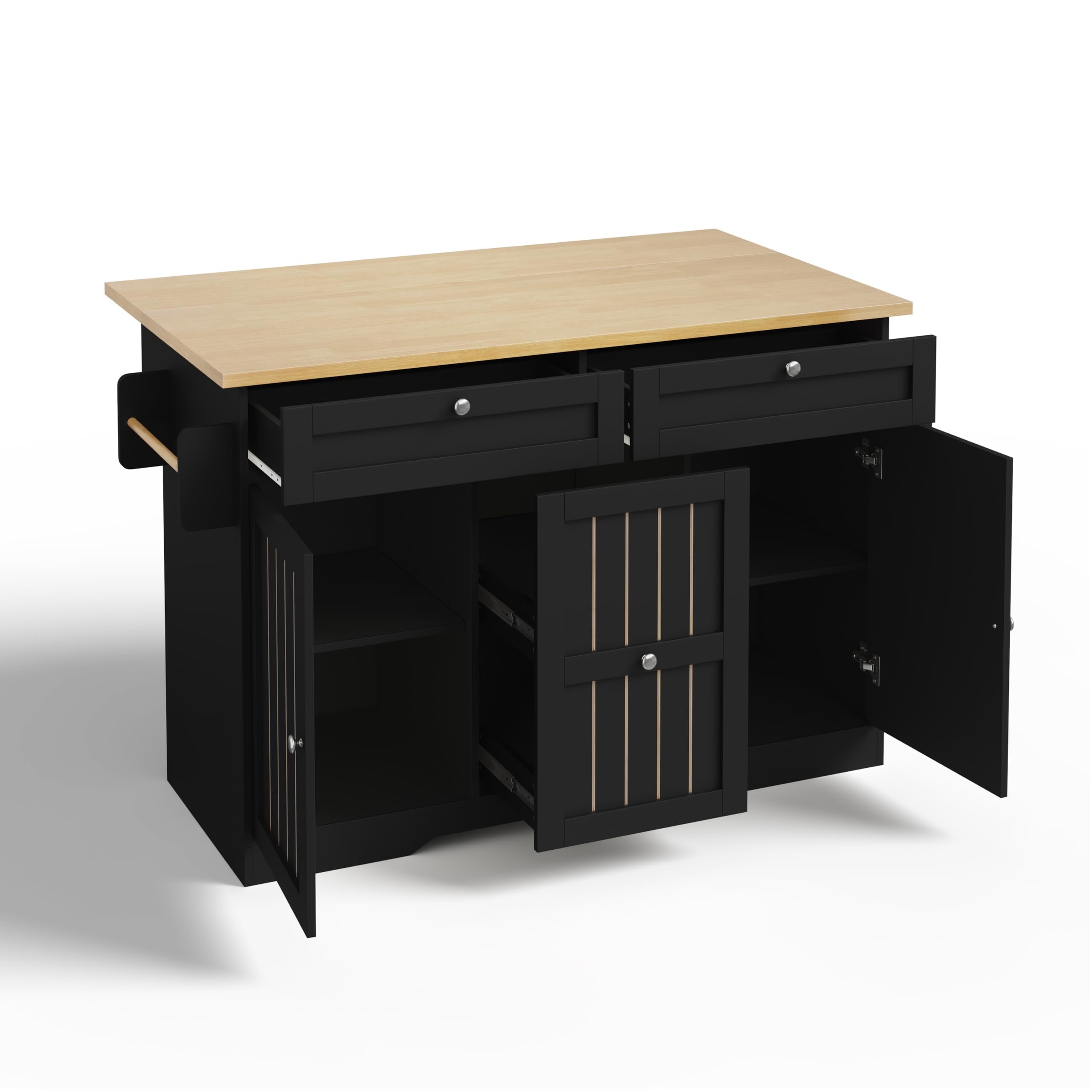 Isola da cucina mobile con piano di lavoro pieghevole, carrello da portata e armadietto, 137 x 70 x 92 cm, nero + naturale, cassetti verticali a 2 livelli, 2 cassetti grandi, ruote bloccabili