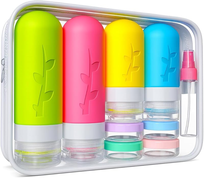 Tocelffe Kit de frascos recarregáveis para viagem com 18 peças, silicone e bolsa transparente