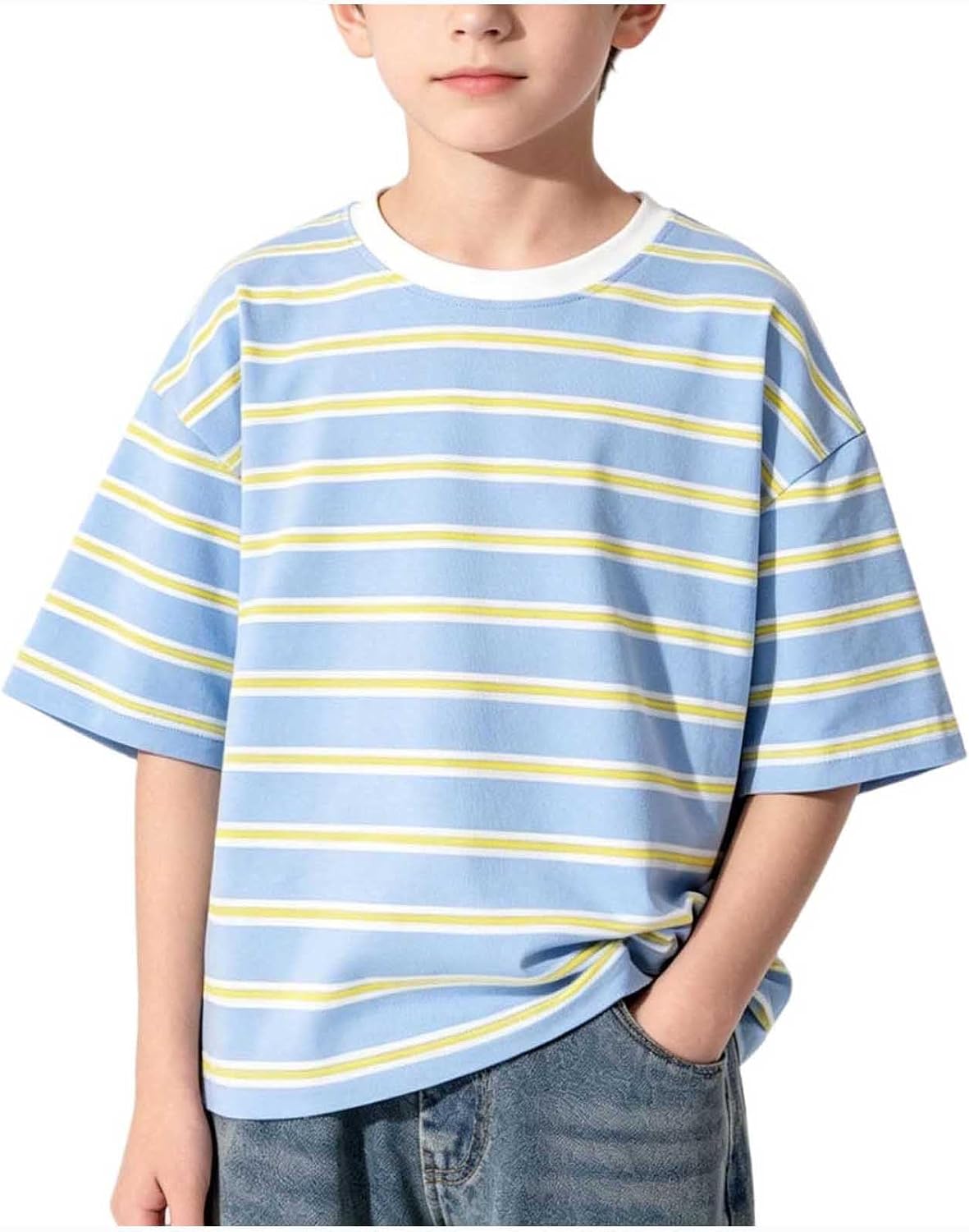 Cambkatl Boys Striped Oversized Summer T-Shirt Short Sleeve Loose Crewneck Pullover Cotton Tee Tops for 3-15 Years