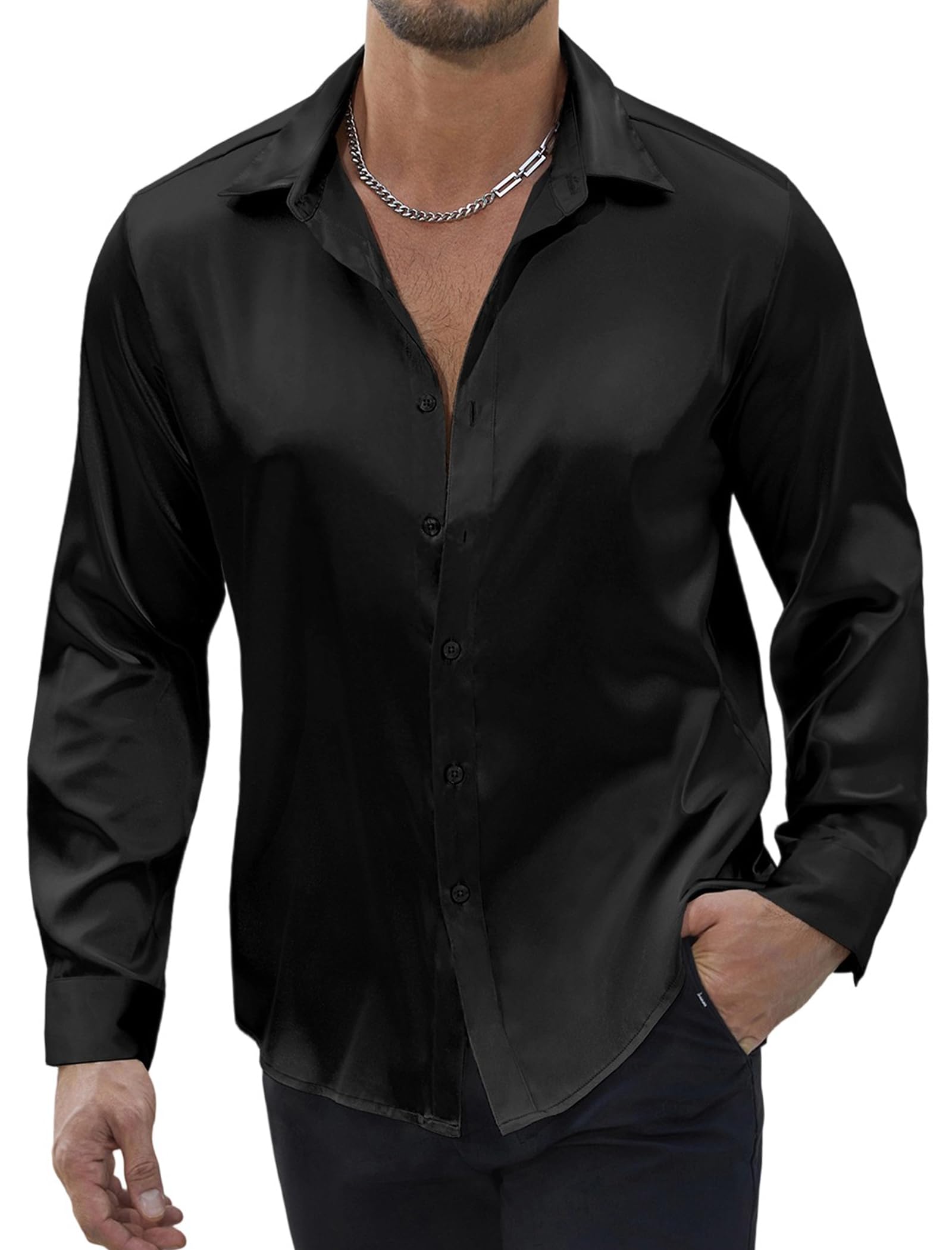 Mens Silk Satin Shirts Long Sleeve Button Down Loose Fit Dress Shirt Luxury Party Prom Wedding Shirts