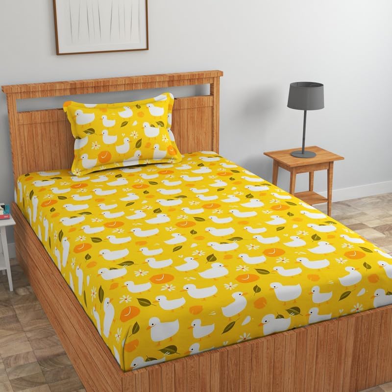 Image of RD FABS Glace Cotton Wrinkle Free Soft Hypoallergenic Single Bed Sheet with 1 Pillow Cover | Cartoon Printed | Kids Bedsheet for Boys & Girls Room | 60x90 Inches | Yellow | Duck | 144 tc