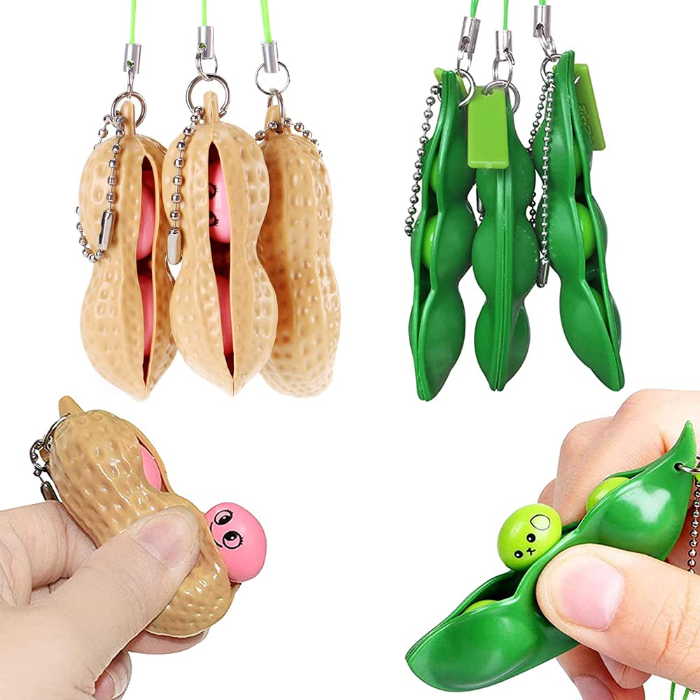 6pcs Squeeze Bean Fidget Toy, Peanut and Pea Toy Keychain Sensory Toy Gift for Children and Adults Release Stress and Anxiety Stress Relieving Chain Toys.