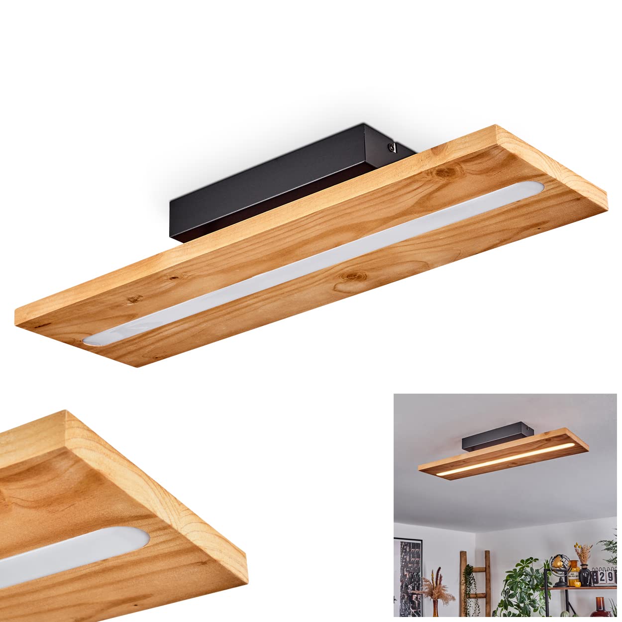Hofstein Black Led Ceiling Light Adak, Dimmable Ceiling Lamp Made Of Metal/Wood/Plastic In /Nature/White, Dimmable Via Conventional Light Switch, Light With Wooden Shade, Led 15,5 Watt, 1750 Lumen, 3000 Kelvin