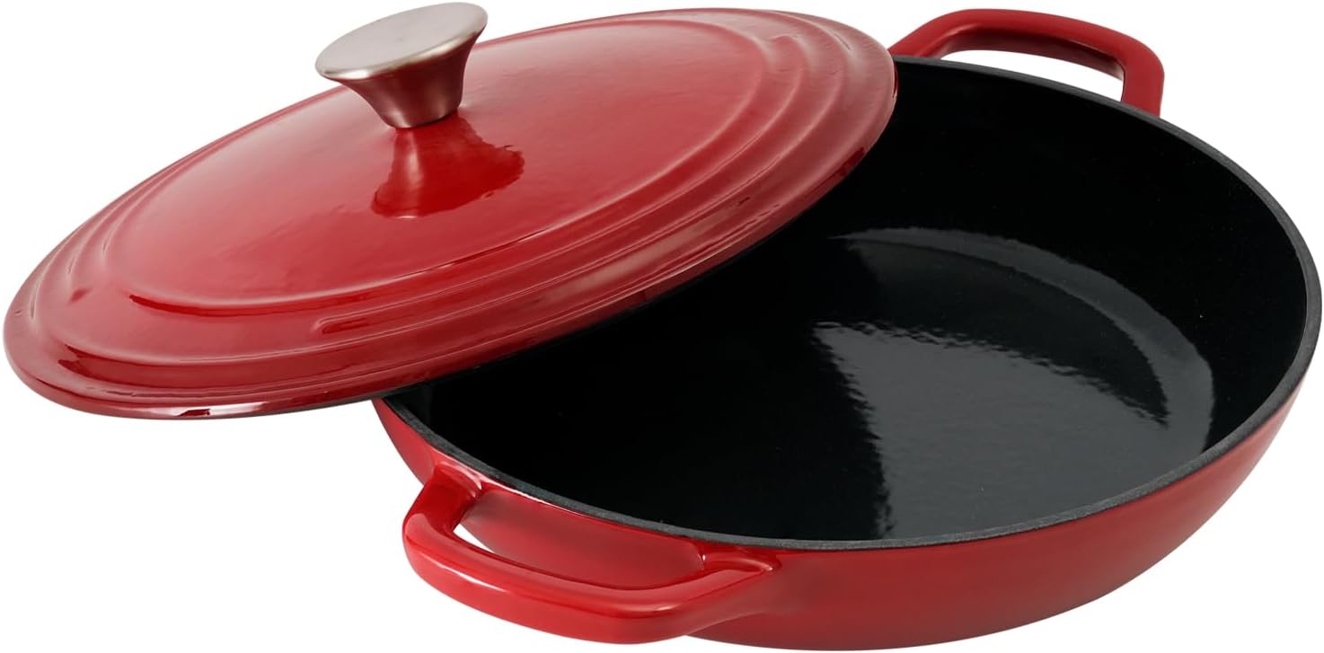Braiser Enameled Cast Iron Braiser 3 qt Braiser Pan with Lid Red Shallow Cast Iron Casserole Braiser Pan with Handels