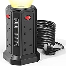 Extension Lead with USB Slots and Night Light, (13A 3250W) 5 USB Ports and 8 Way Extension Tower, Surge Protection Extension Lead with Switch, 5M Extension Cable for Home Office