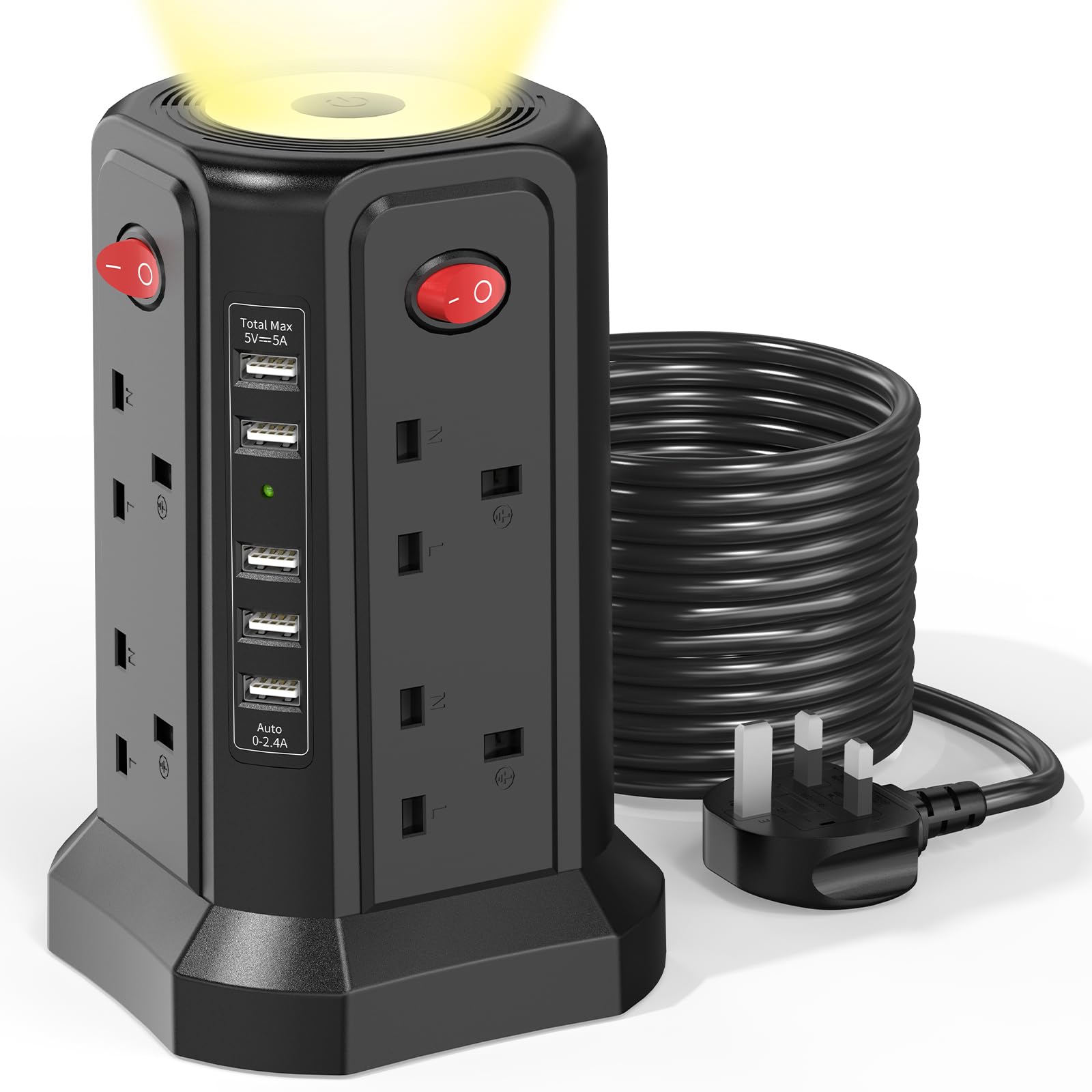 Extension Lead 5M with USB Slots and Night Light, (13A 3250W) 5 USB Ports and 8 Way Extension Tower, Surge Protection Extension Lead with Individual Switch, Black Extension Cable for Home Office