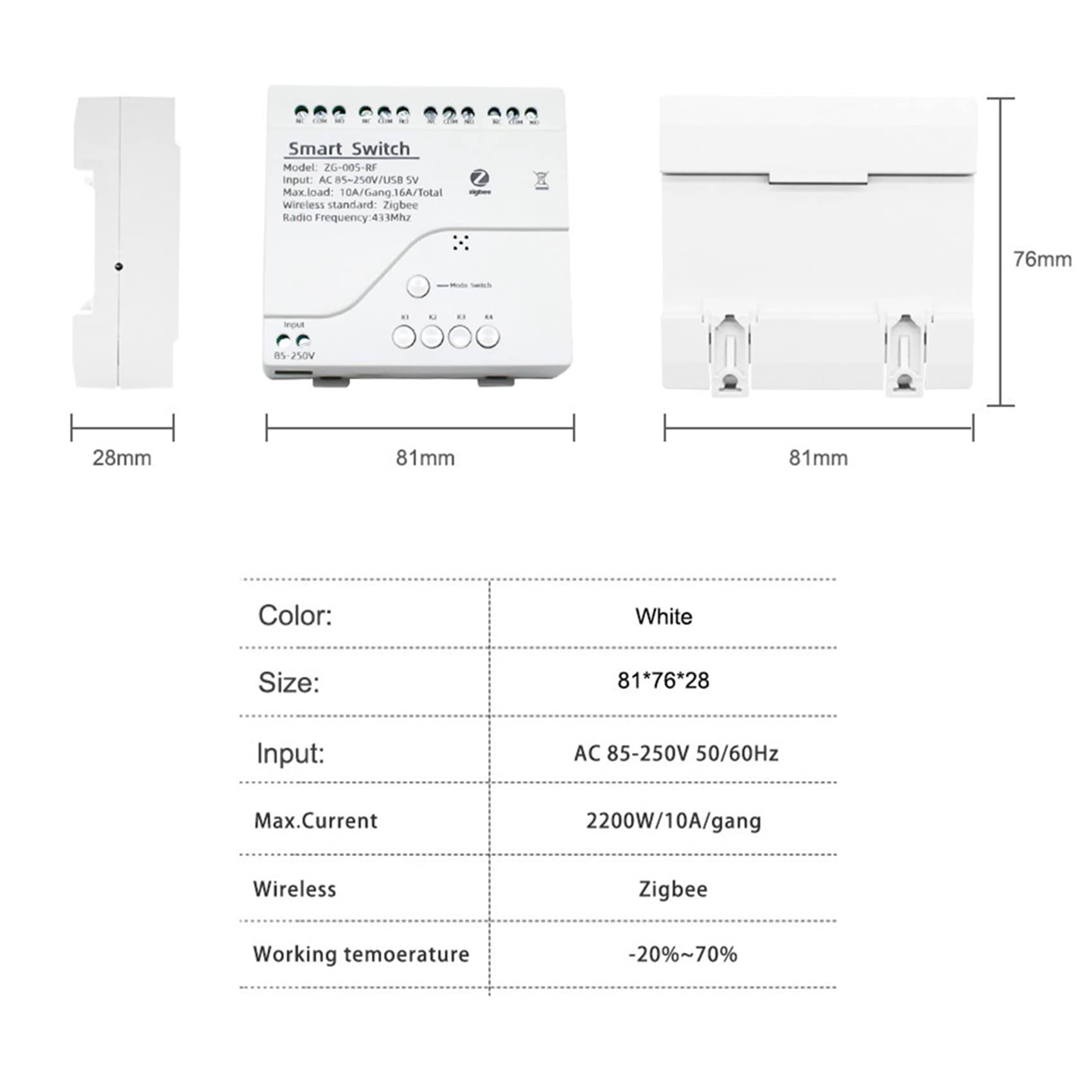4X 4CH Zigbee Smart Light Switch AC 85-250V RF433 Empfangen 10A Relais Arbeiten mit Assistant, Tuya Smart Life