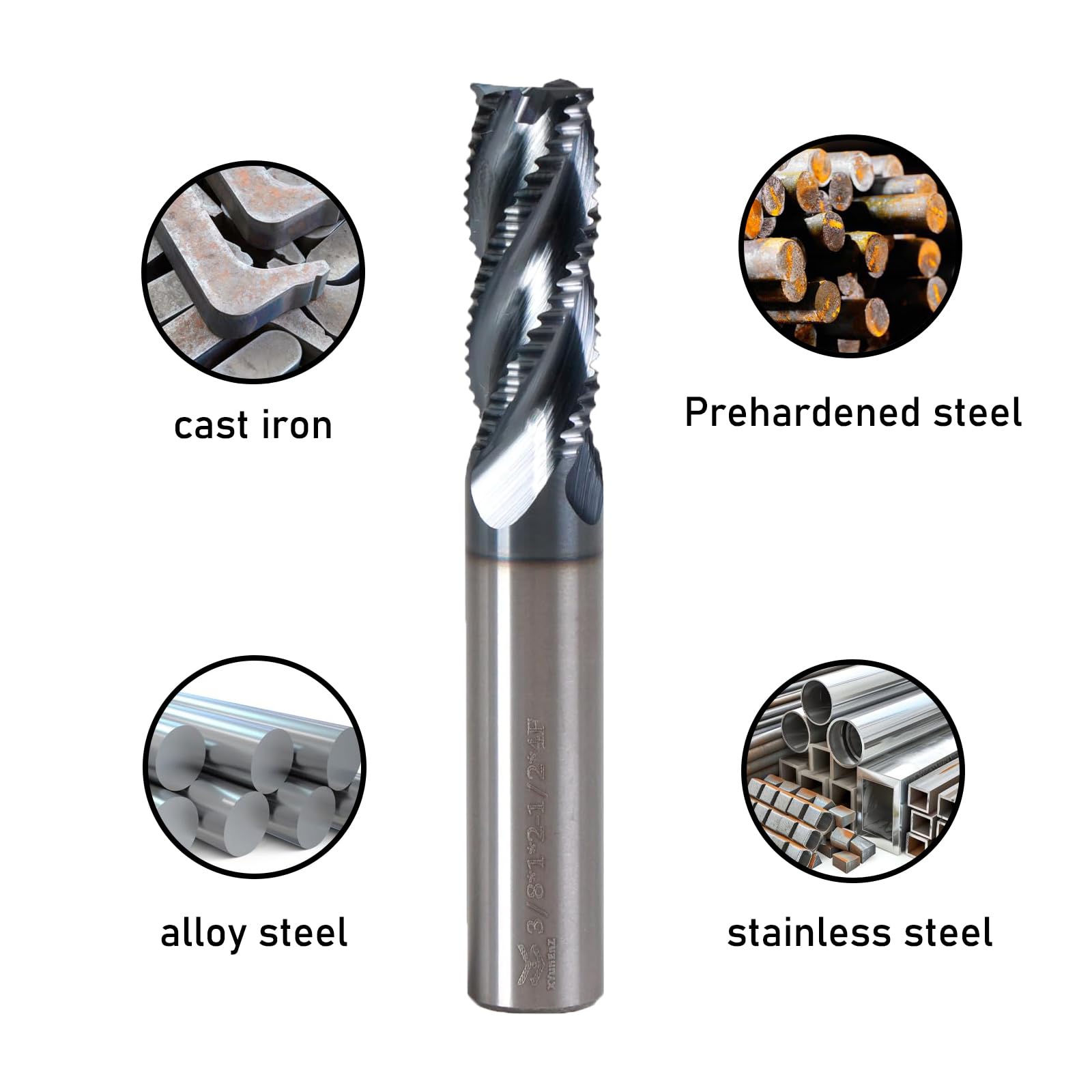 3/8" carburo di sgrossatura fine Mil, 4 punte del mulino del carburo del micro grano della scanalatura, per gli acciai legati/gli acciai temprati Micro Grain Carbide End Mill