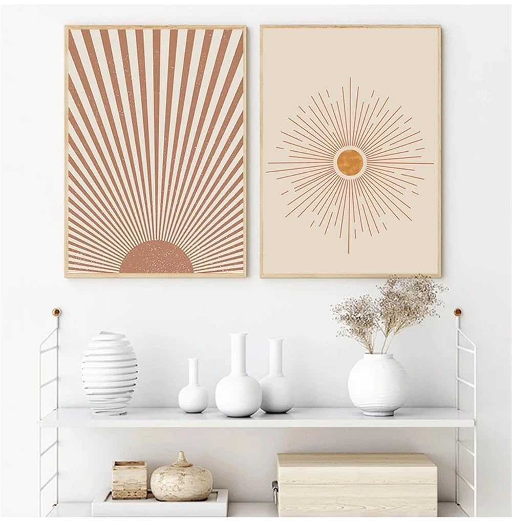 WBYZAC 2 Pieces Poster-Mid Century Modern Poster Sun Illustration Canvas Art Abstract Painting Boho Wall Print Neutral Wall Pictures Living Room Office Decor-60 * 70cm (No Frame)