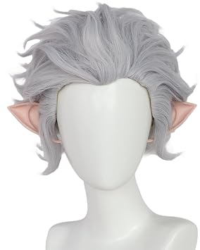 JoneTing+1 Pair of Elf Ears+CapShort Silver Curly Wigs for Men Anime Cosplay Wig Short Curly Silver Hair for Anime Cosplay Costume for Halloween Party Costume Outfit