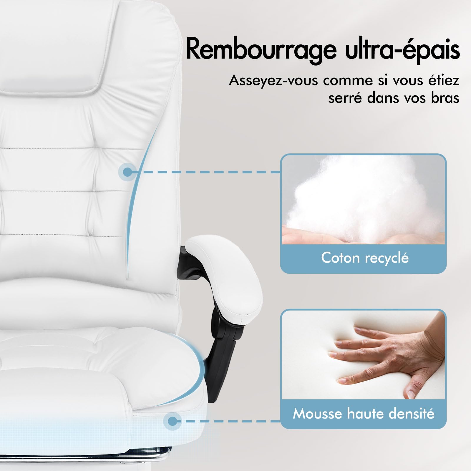 ALFORDSON Chaise de bureau ergonomique, Fauteuil avec fonction de massage thermique, chaise d'ordinateur en cuir PU avec accoudoirs rembourrés et appui-tête souple, chaise pivotante à roulettes, Blanc