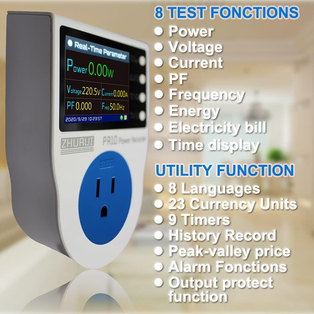 ZHURUI PR10-E US15A power meter plug/home power metering socket/watt meter/2.4 inch TFT color LCD/0.5FS(New) - - 