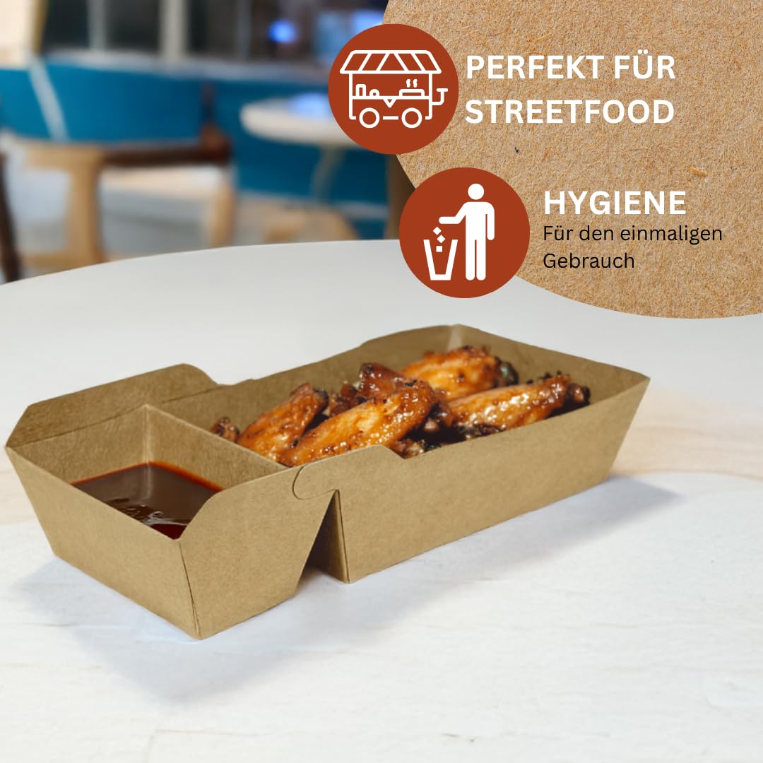 Enpack Snackschale A23 (A7+1) - 50 Snackschalen aus Kraftkarton - Einweg Pommesschalen - Pommes-Frites-Trays - Snack Container - Fingerfood Schiffchen mit 2 Fächer beschichtet - abbaubar 9x17x3,5 cm