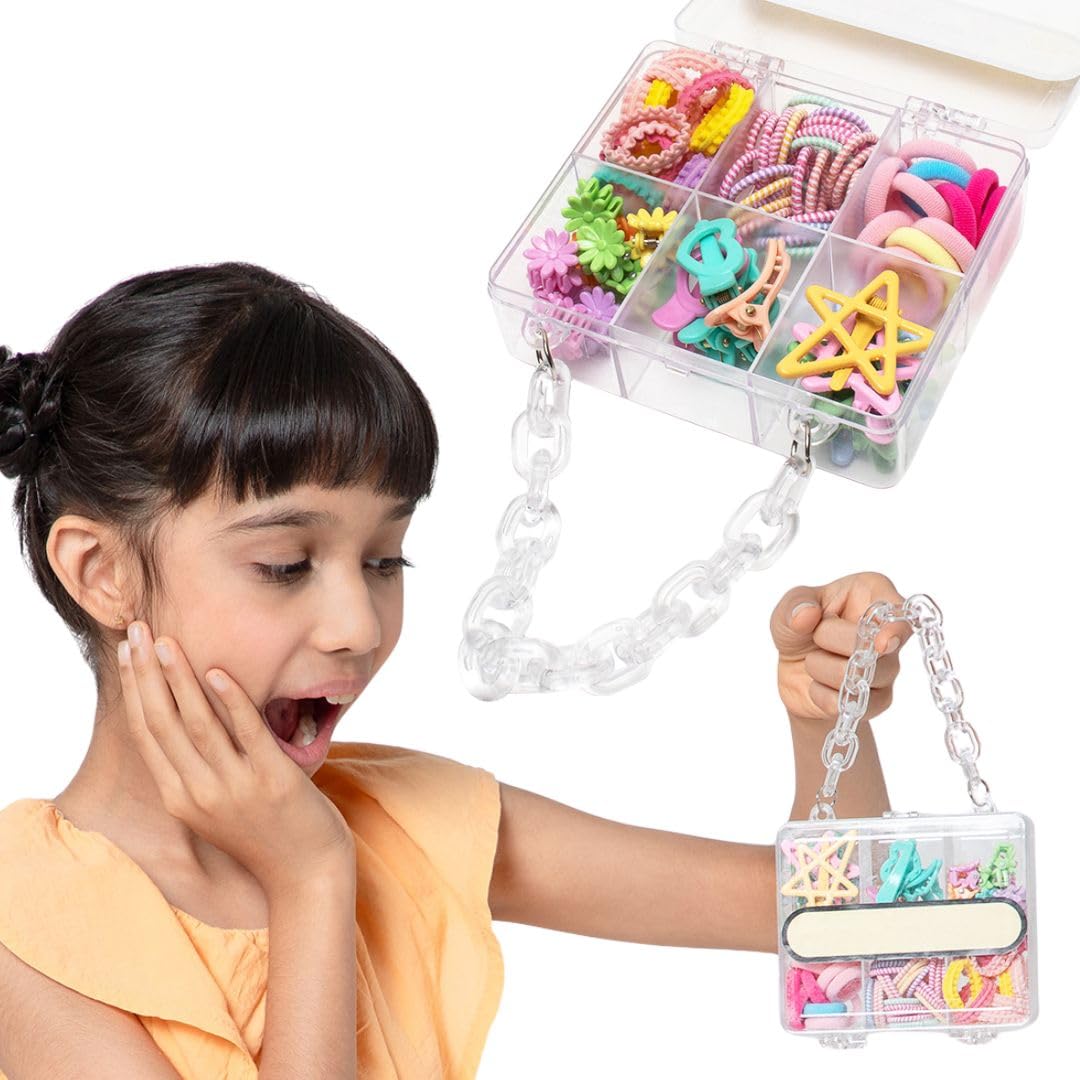 Assorted Colourful Hair Accessories Set for Kids | Transparent Purse with Handle | Includes Mini Hair Ties, Clips, Mini-Clutchers for Easy Styling | Multicolour
