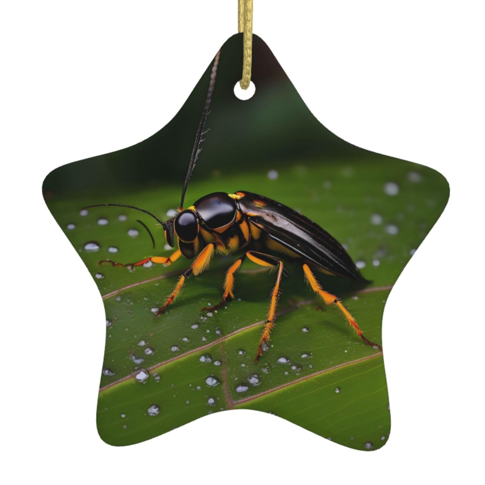 Insects on Leaves Christmas Ceramic Star Pendant with Punched Holes and Gold Wire Rope, Christmas Tree Home Decoration